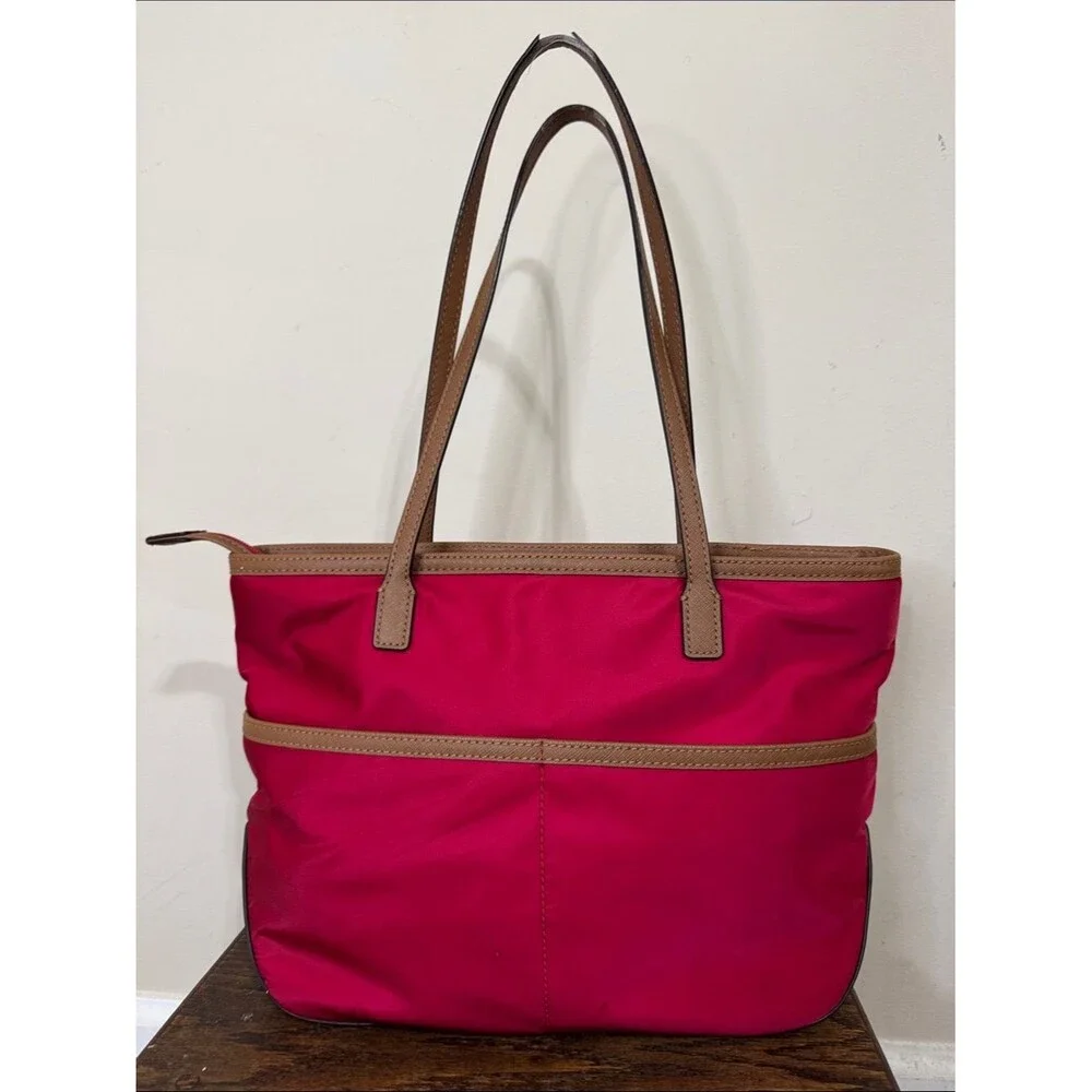 Michael Kors Kempton Nylon Tote Red Tan Leather Trim Travel Casual Contemporary